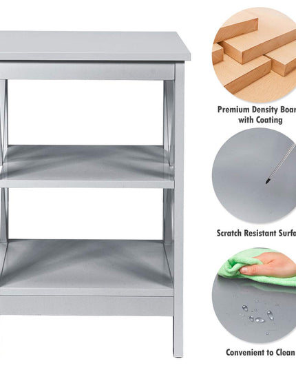 Nightstand 3-Tier X-Design W/Storage Shelves and Stable Structure Storage Organizer Display Sofa Side Table