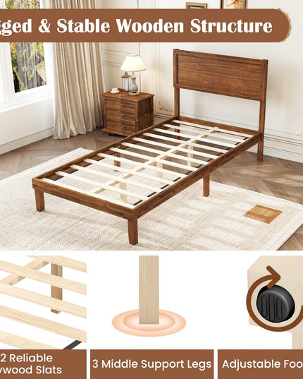 Giantex Wood Bed Frames with Headboard, Mid Century Modern Platform Bed
