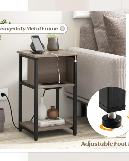 Giantex Nightstand with Charging Station, 3-Tier End Table with USB Ports & Power Outlets