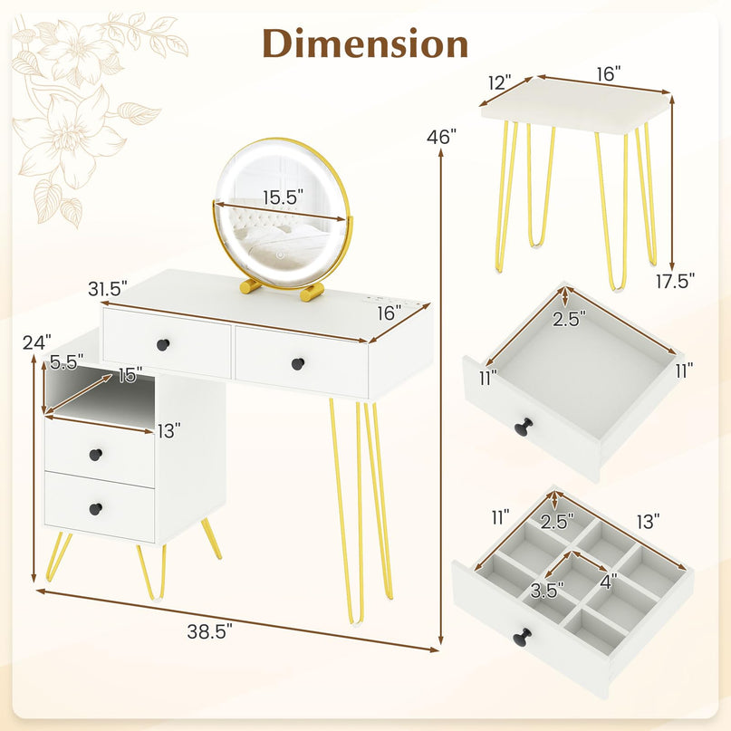 Coiffeuse avec miroir lumineux et station de charge pour chambre de fille