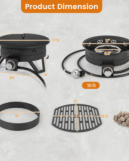Giantex Portable Propane Fire Pit, 17" Small Outdoor Fire Bowl with Foldable Legs, Round Fireplace with Lid