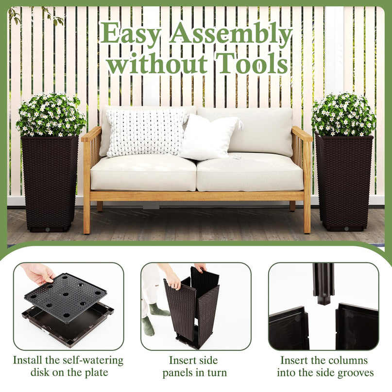 Giantex Set of 2 Outdoor Wicker Flower Pot, 23 Inch Tall Planters with Drainage Hole, Self-Watering Tray