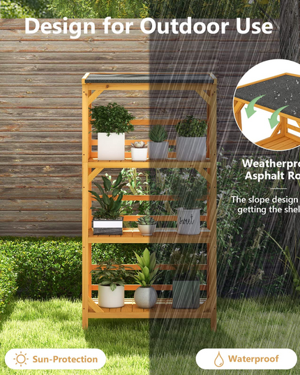 Giantex Plant Stand with Roof - 54'' Outdoor Storage Shelves, 3-Tier Wooden Plant Rack with Weatherproof Asphalt Roof