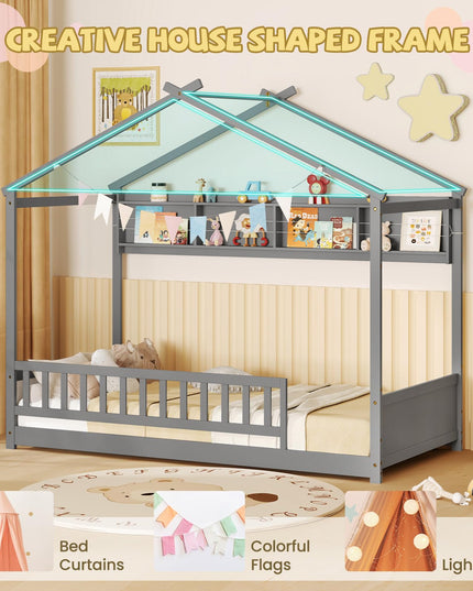Giantex Twin Floor House Bed with Storage Shelf, Wood Twin Bed Frames with Headboard & Guardrail