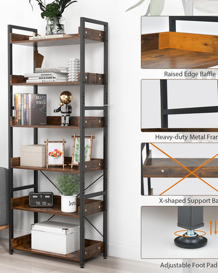 Giantex Industrial 6-Tier Bookshelf, 70" Tall Freestanding Storage Display Shelf with 4 Hooks