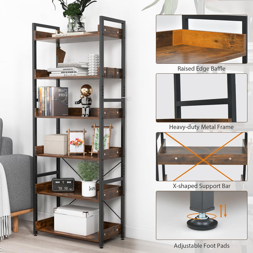 Giantex Industrial 6-Tier Bookshelf, 70" Tall Freestanding Storage Display Shelf with 4 Hooks
