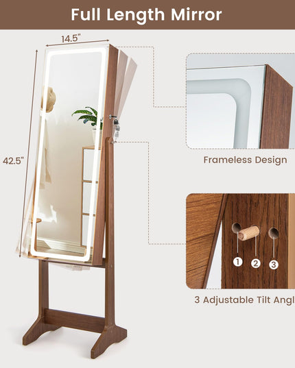 CHARMAID LED Mirror Jewelry Cabinet - Lockable Jewelry Armoire