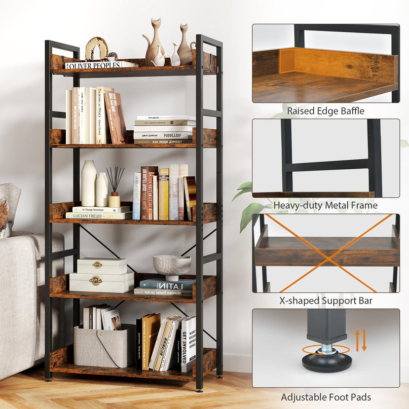 Giantex 5 Tier Bookshelf with 4 Hooks Set of 2 for Living Room