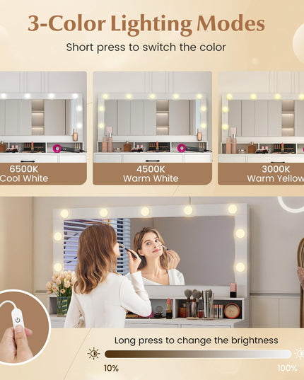 Vanity Desk with Mirror and Lights for Bedroom