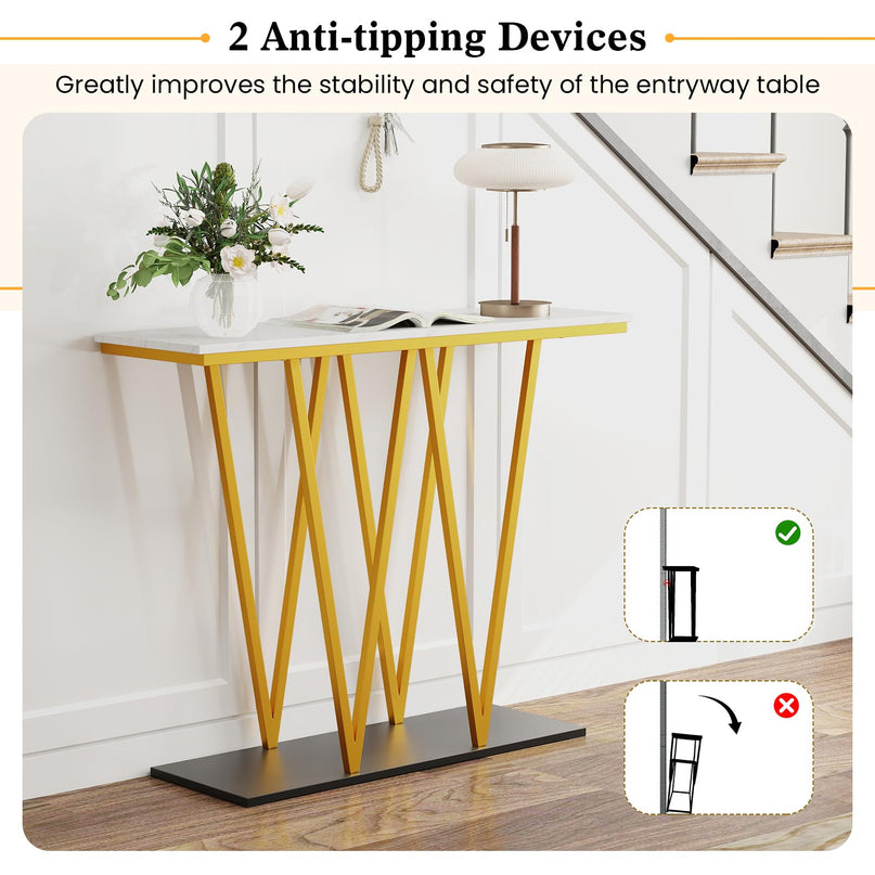 Console étroite dorée Giantex 100 cm avec plateau aspect marbre et base en métal robuste