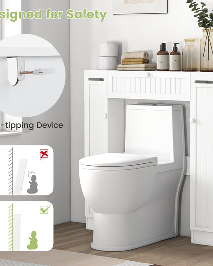 Over-The-Toilet Rack Bathroom Shelf Storage Cabinet Wooden Drop Door Freestanding Spacesaver Improvements, White