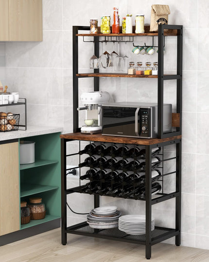Giantex Bakers Rack with Storage Hutch, Power Outlet & USB Port, Coffee Bar 24-Bottle Wine Rack & Glass Holder