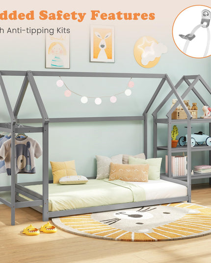 Giantex Twin Floor Bed, Wood Montessori Floor Bed with Detachable 3 Tier Storage Bookshelf & Clothes Rack
