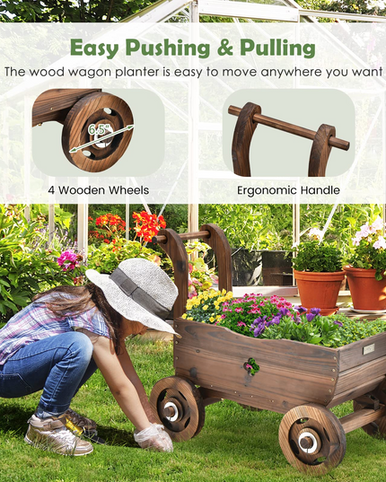 Giantex Wooden Wagon Planter Raised Bed on Wheels, Handle, Drainage Hole