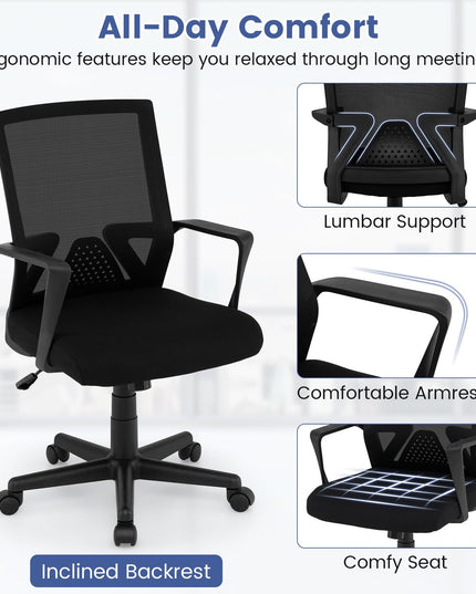 Chaise de bureau Giantex avec support lombaire, chaise de bureau ergonomique en maille avec roulettes et accoudoirs