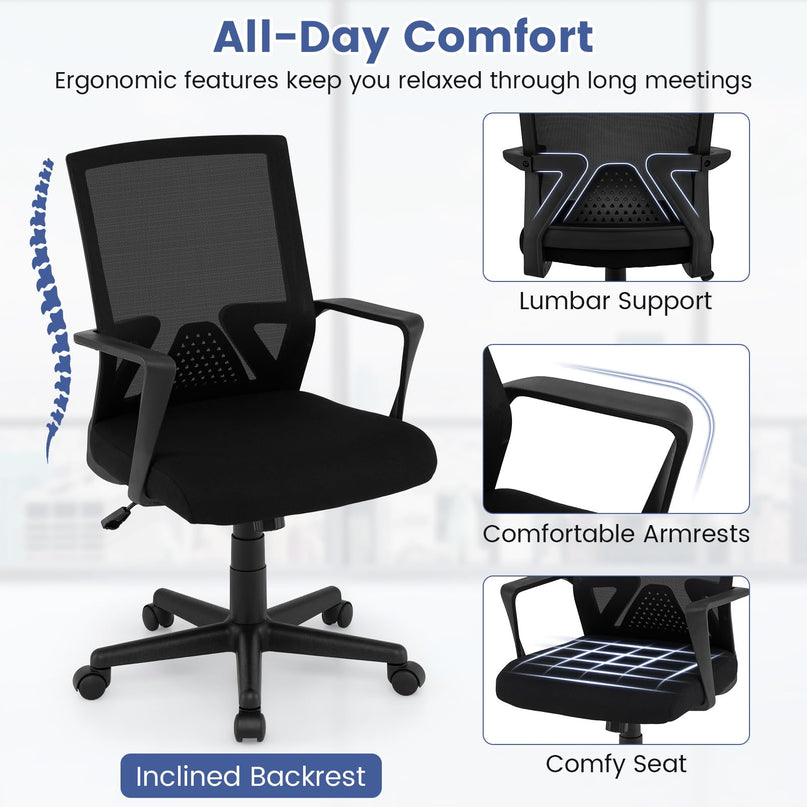 GIANTEX Ergonomic Office Chair | Mid-Back Swivel Desk Chair w/Lumbar Support