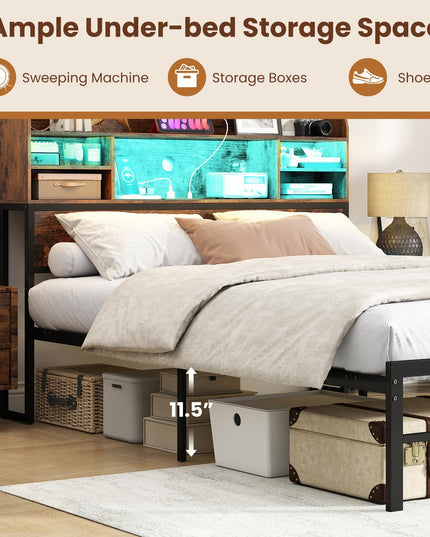Giantex Full Size Industrial Metal Bed Frame with LED Lights & Charging Station