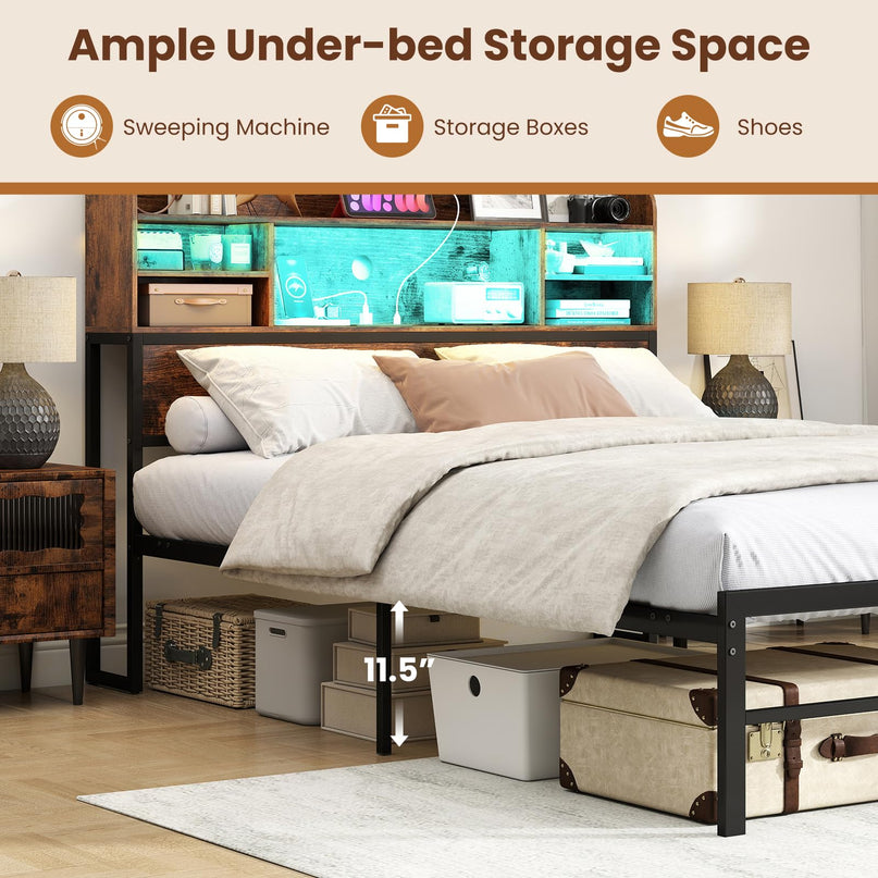 Giantex Full Size Industrial Metal Bed Frame with LED Lights & Charging Station