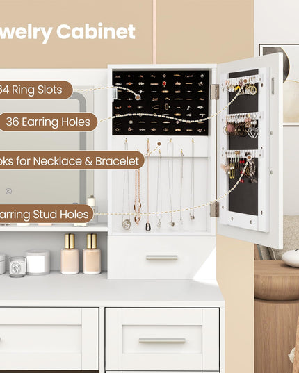 CHARMAID Vanity Desk with Mirror and Lights, Jewelry Storage Cabinet, Farmhouse White Makeup Vanity Desk with Charging Station