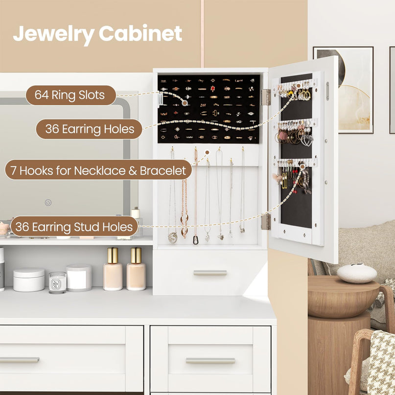 CHARMAID Vanity Desk with Mirror and Lights, Jewelry Storage Cabinet, Farmhouse White Makeup Vanity Desk with Charging Station