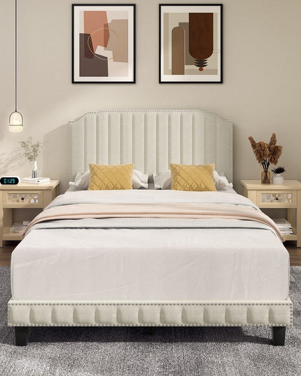 Giantex Upholstered Bed Frame, Linen Platform Bed w/Rivet Headboard, Heavy Duty Mattress Foundation