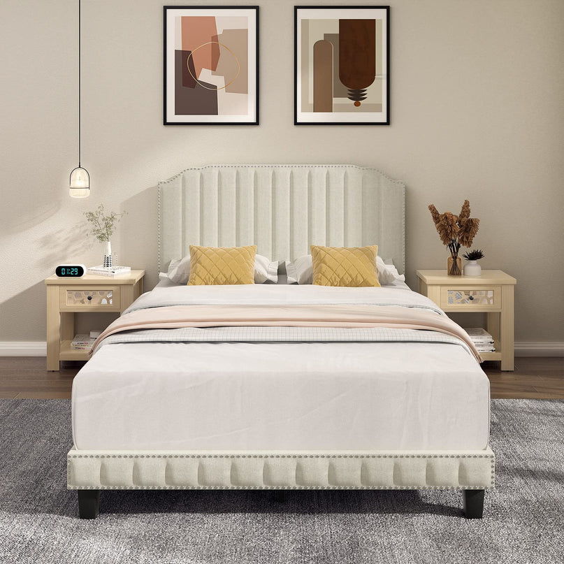 Giantex Upholstered Bed Frame, Linen Platform Bed w/Rivet Headboard, Heavy Duty Mattress Foundation