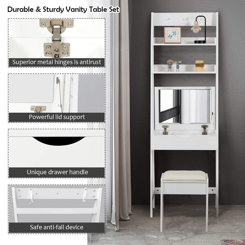 CHARMAID 3-in-1 Vanity Set with Flip Top Mirror, 6 Makeup Organizers, 2 Storage Shelves