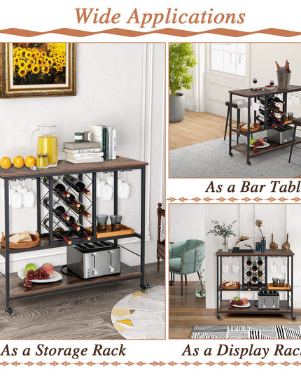 Giantex 3-Tier Wine Bar Cabinet - on Wheels, 8 Bottles Rack & 12 Glasses Hanger (Rustic Brown & Black)