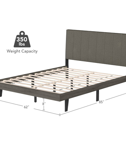 Wooden Slats Support Queen Mattress Foundation with Tufted Headboard, Grey