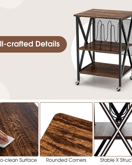 Giantex Record Player Stand, Vinyl Record Storage Table w/ 3 M-shaped Dividers & 4 Rolling Wheels, Rustic Brown