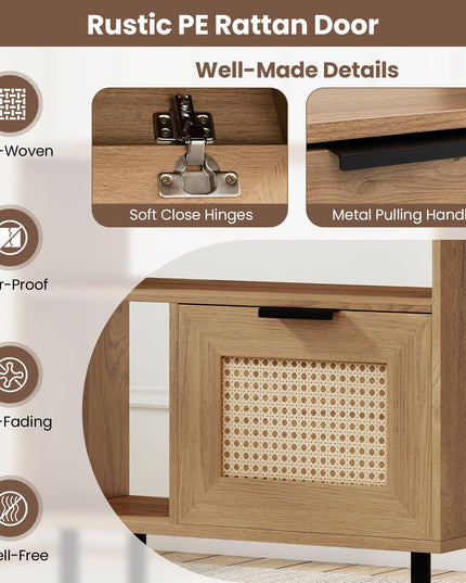 Giantex Rattan End Table with Cabinet Boho Nightstand