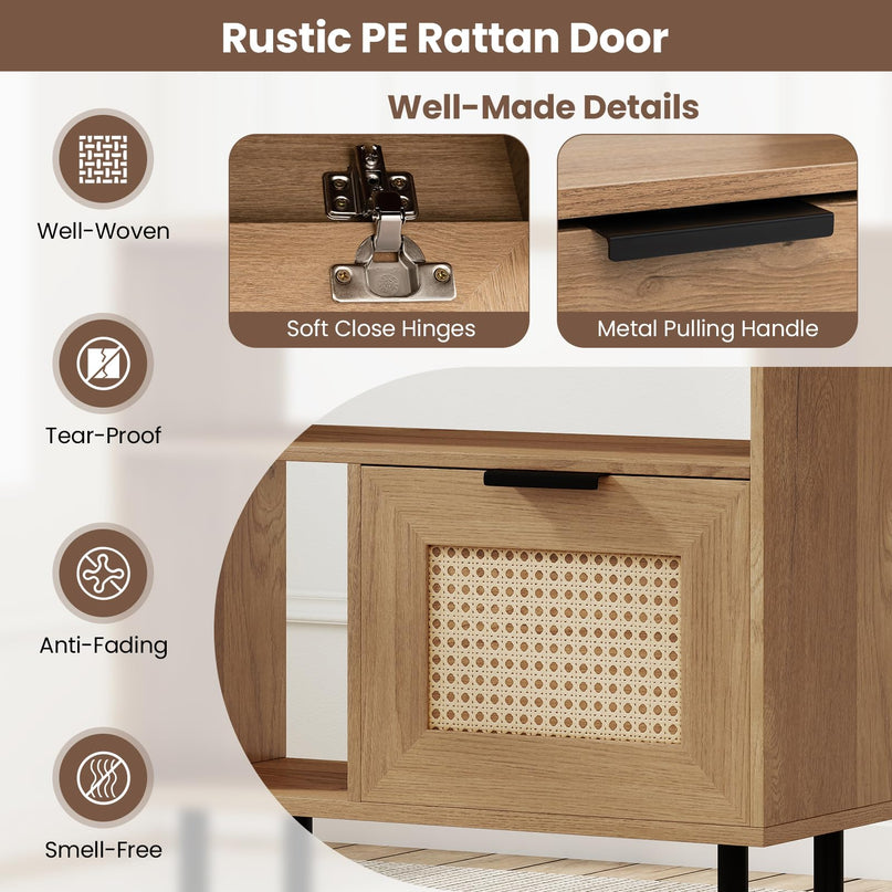 Giantex Rattan End Table with Cabinet Boho Nightstand