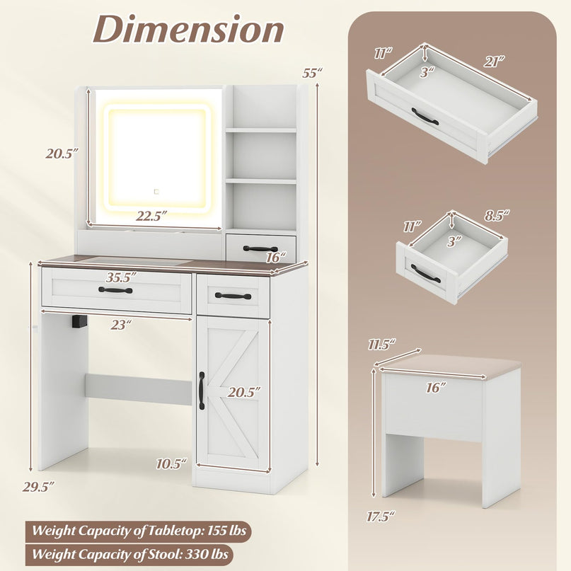 Glass Top Vanity Desk with Lighted Mirror