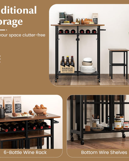 Giantex 3-Piece Foldable Dining Table Set, Extendable Dining Table & 2 Stools Set w/ 6-Bottle Wine Rack