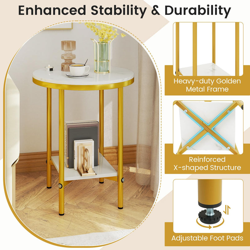 Giantex 2 Tier Faux Marble Bedside Night Stand w/Metal Frame & Open Storage Shelf