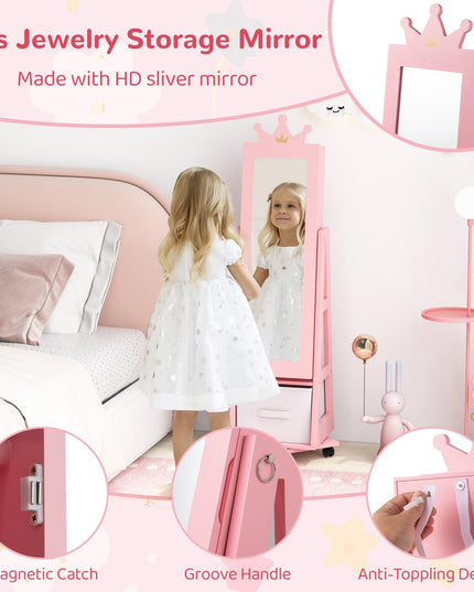 CHARMAID 360° Swivel Kids Jewelry Cabinet, 48" Standing Jewelry Organizer with Full Length Mirror, Storage Drawer