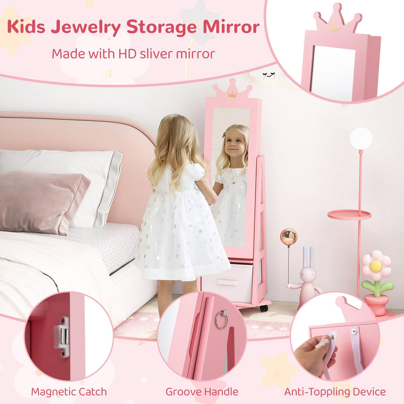 CHARMAID 360° Swivel Kids Jewelry Cabinet, 48" Standing Jewelry Organizer with Full Length Mirror, Storage Drawer