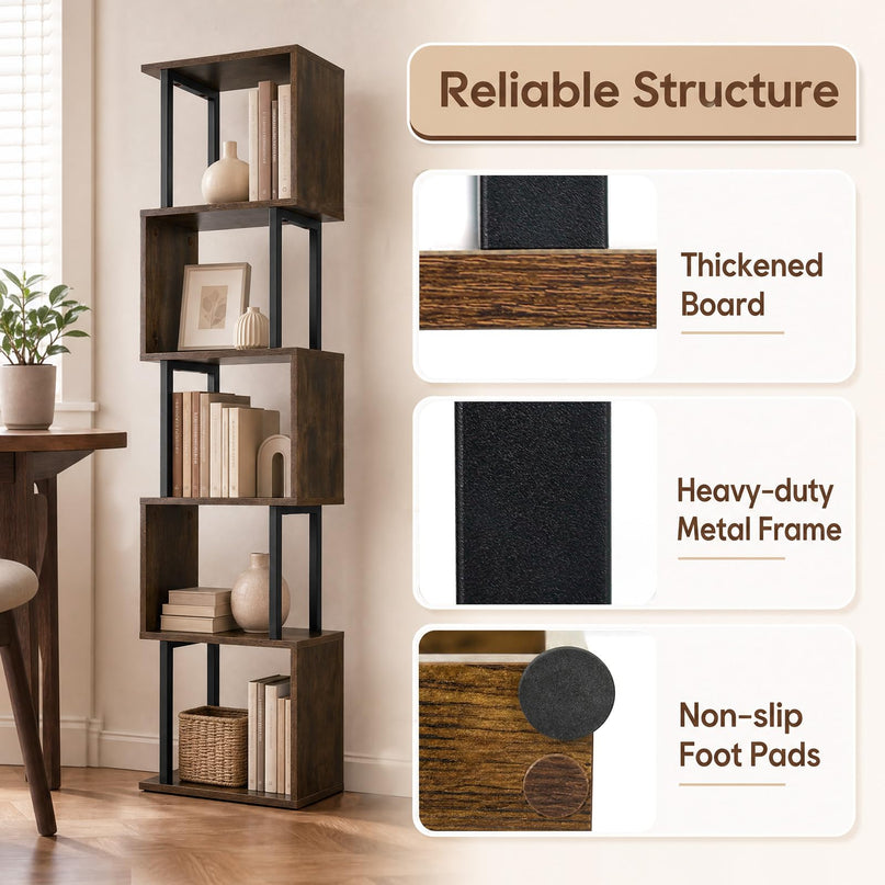 GIANTEX 5-Tier S-Shaped Wood Bookcase w/Metal Frame (1/2)