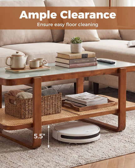 Giantex Rattan Coffee Table with Tempered Glass Top and Storage Shelf