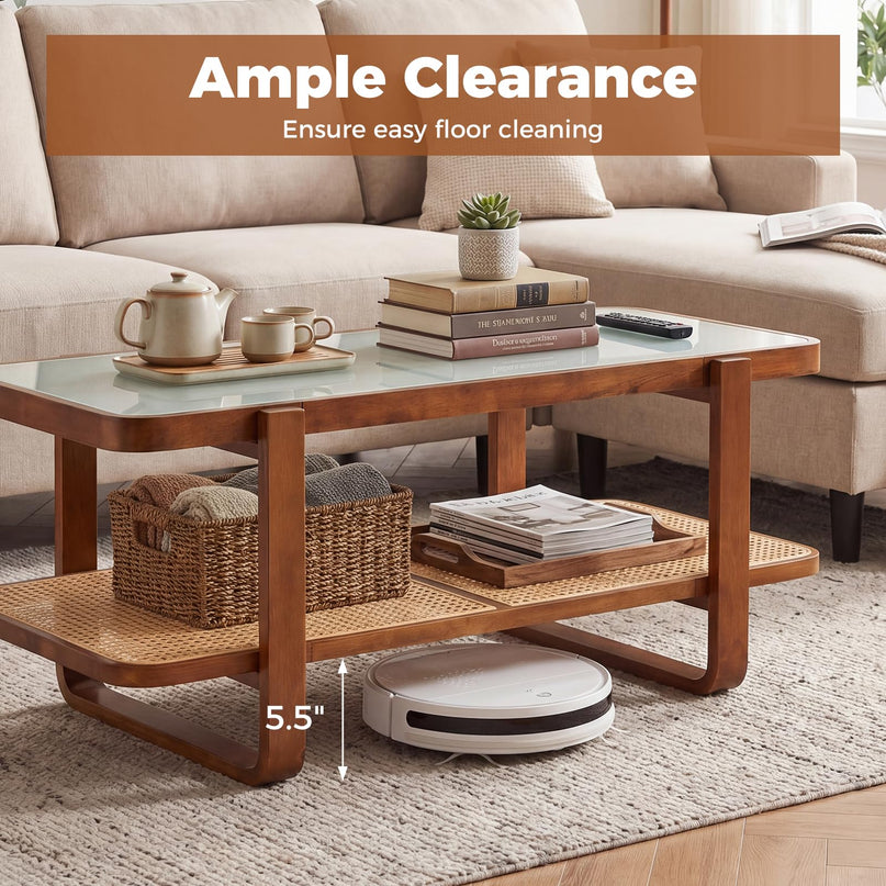 Giantex Rattan Coffee Table with Tempered Glass Top and Storage Shelf