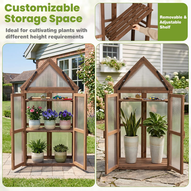 GIANTEX Mini Greenhouse Storage Shelves w/ Transparent Flip-Top Roof for Garden
