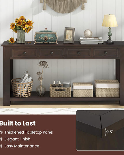 Giantex 63" Farmhouse Entryway Table, Narrow Console Table w/ 4 Storage Drawers & Open Shelf