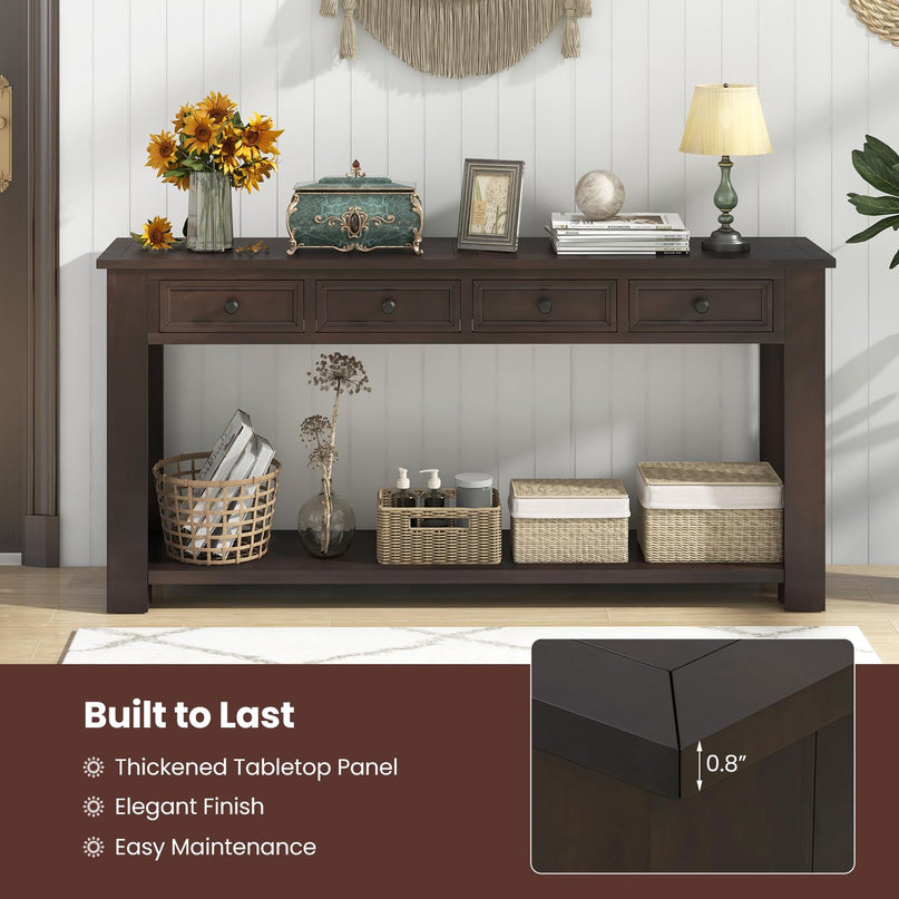 Giantex 63" Farmhouse Entryway Table, Narrow Console Table w/ 4 Storage Drawers & Open Shelf