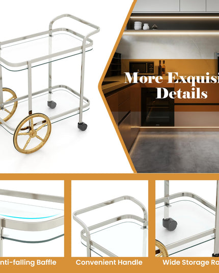 Giantex 2-Tier Bar Cart, Stylish Rolling Serving Cart w/Tempered Glass Shelves