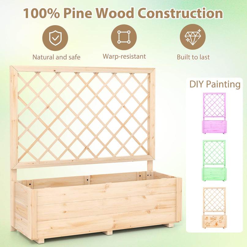 Giantex Wood Elevated Planter Box with Trellis and Drainage Hole (39”x14”x40”)