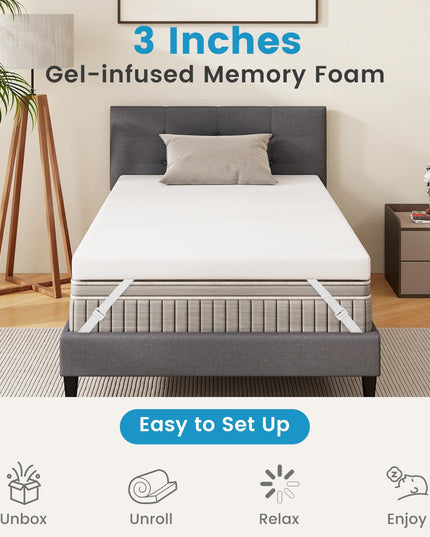 Giantex 3 Inch Twin Memory Foam Mattress Topper, Cooling Gel Infused Topper with Removable Cover
