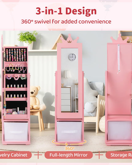 CHARMAID 360° Swivel Kids Jewelry Cabinet, 47" Full Length Mirror with Jewelry Storage