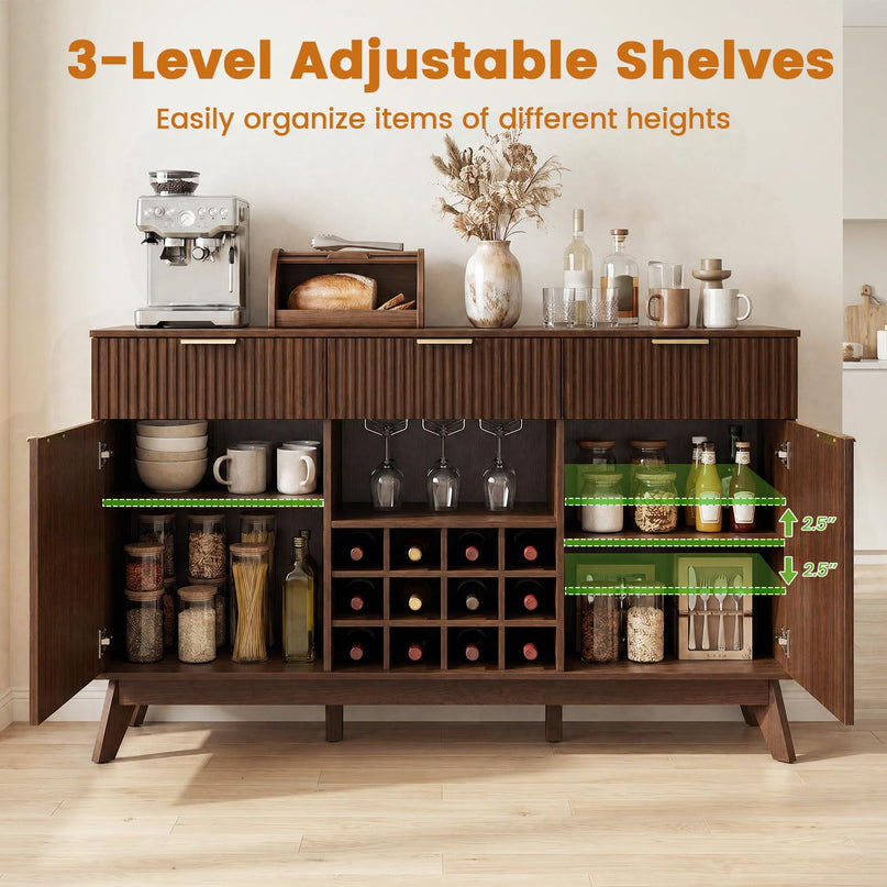GIANTEX 60" Fluted Wine Bar Cabinet with 3 Stoarge Drawers & Wine Rack