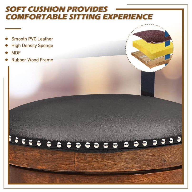 360-Degree Swivel Stools with Leather Padded Seat, Single Slat Ladder Back & Solid Rubber Wood Legs