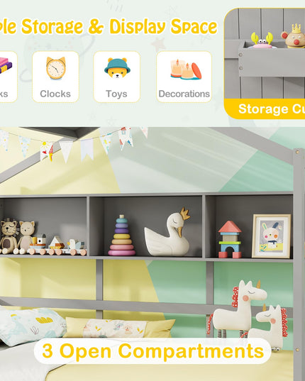 Giantex Twin House Bed with 2 Storage Drawers, Kids Bed Frame with Storage Cubes, Montessori Bed with Fence Guardrails & Roof